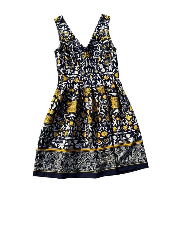 No Brand Dresses & Skirts - Floral Sleeveless A-Line Dress Navy/Yellow Medium Cotton V-Neck Back Fit & Flare